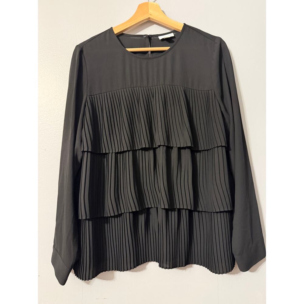J. Jill Black Pleated Tiered Long Sleeve Blouse Top Chiffon Medium